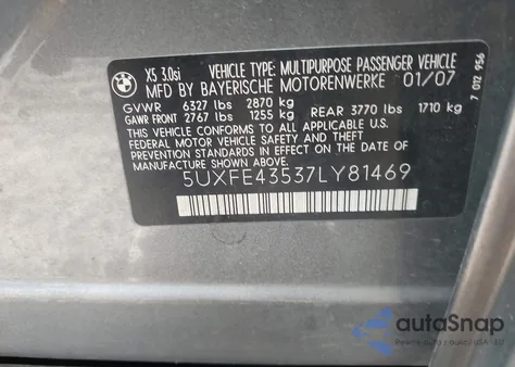 2007 BMW X5 3.0I из США, поврежденный, VIN 5UXFE43537LY81469